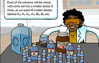 Illustrated scientist mixing soil solutions in bottles